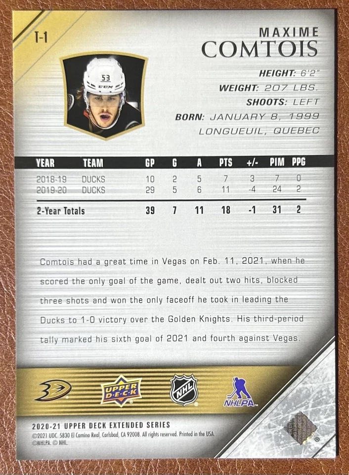 2020-21 UD Extended Series 05-06 Tribute #T-1 Maxime Comtois - Anaheim Ducks - Image 2 of 2