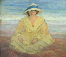 Oil painting On-the-beach-Henri-Lebasque-oil-painting young woman lady by beach
