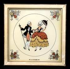 VINTAGE 1931 Painting on Glass "Amourettes" 6" Square C & A Richard Boston VGUC