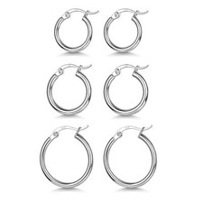 3 Pairs 925 Sterling Silver Hoop Earrings Small White Gold Plated Hoop Earr...