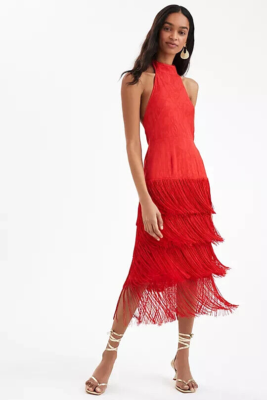 NWT Anthropologie 12 Red Fringe Halter Maxi Dress Fringed 298$ Holiday New  | eBay