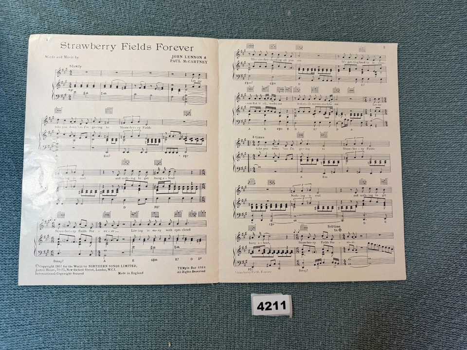 Beatles "Strawberry fields forever" 1967 Sheet music RARE CONDITION NM 4211 - Image 2 of 3