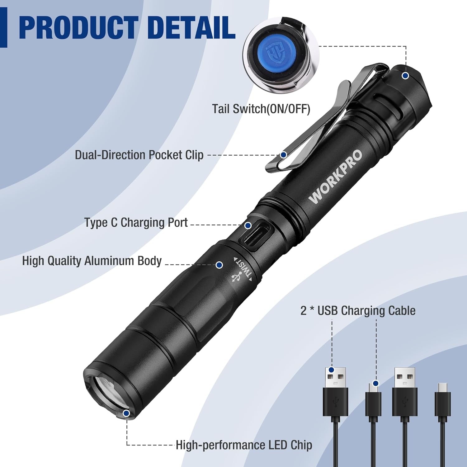 WORKPRO Rechargeable Pen Light, Mini Flashlight, 2 Pack Ultra-Compact Black 