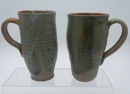 Potters Field Coffee Mug Set 2 Green Orange Stoneware Pottery Art Handmade 6”