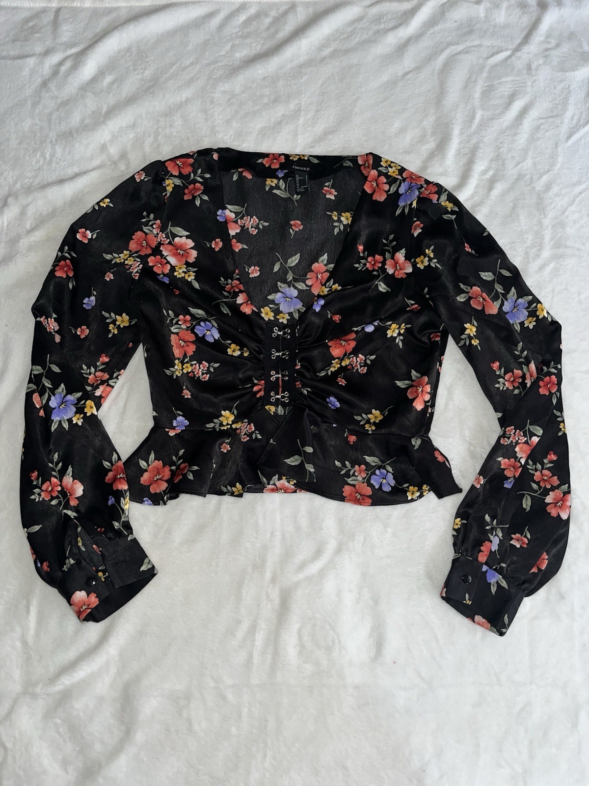 Forever 21 Black Floral Long Sleeve Corset Ruffle Crop Top Blouse Size Small