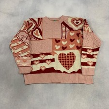 Vintage Knitted Jumper Cute Heart Patterned Knit Sweater Women's L