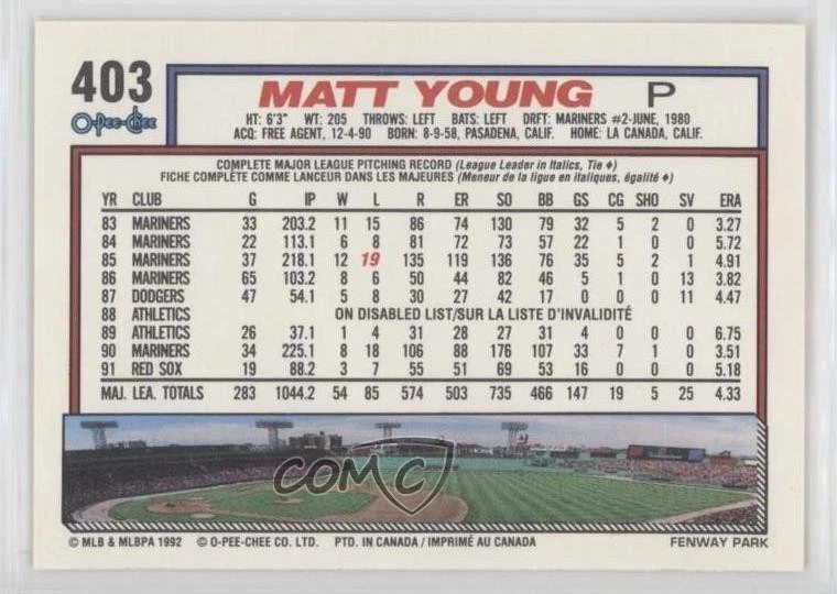 1992 O-Pee-Chee Matt Young #403 - Image 2 of 2