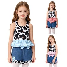 Conjunto de pantalones cortos de mezclilla para niñas conjunto temático festival informal estampado de vaca diario