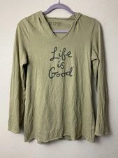 Life Is Good Womens Hooded Shirt Size Medium Army Green Longe Sleeve Top V-Neck