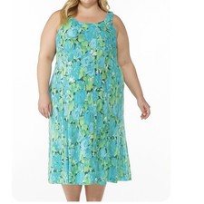 Catherines Blue Green Floral Pleated Sleeveless Dress Size 32W