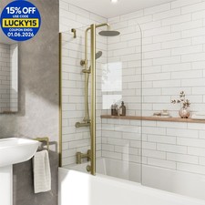 Curved Folding Bath Shower Screen 1000mm Hinged Frame Brushed Brass 2 Panels 6mm