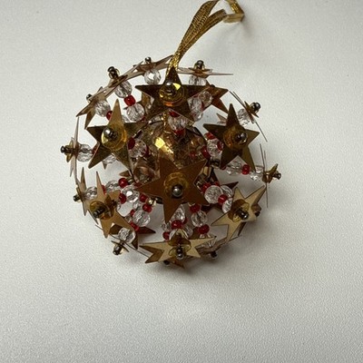 Vtg Atomic Push Pin Christmas Ornament Gold Clear Red Beaded   Round Handmade