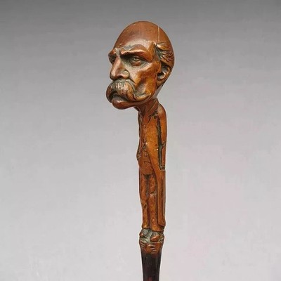 Antique Cane Clemenceau Walking Stick France Carved Statesman Art Hand head Rare