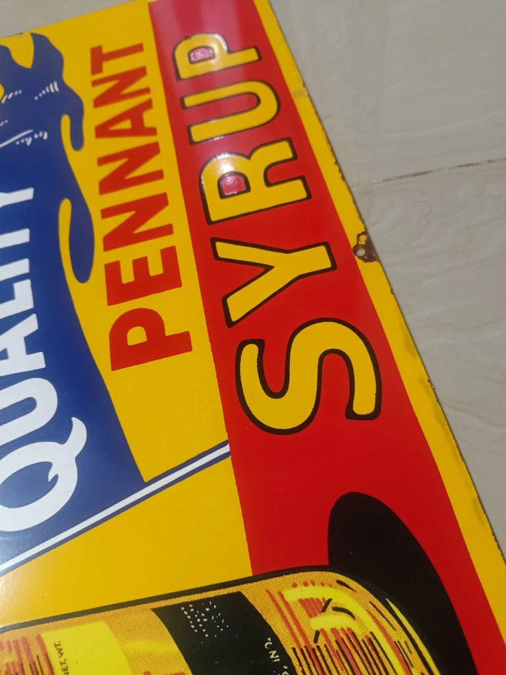 Extremely Rare Antique Not porcelain Vintage Pennant Syrup Painted Tin Sign - Image 4 of 4
