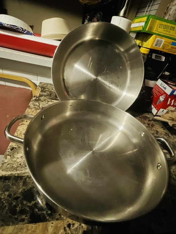 Two  Stainless Steel, 12 Around Large Frying Pan.