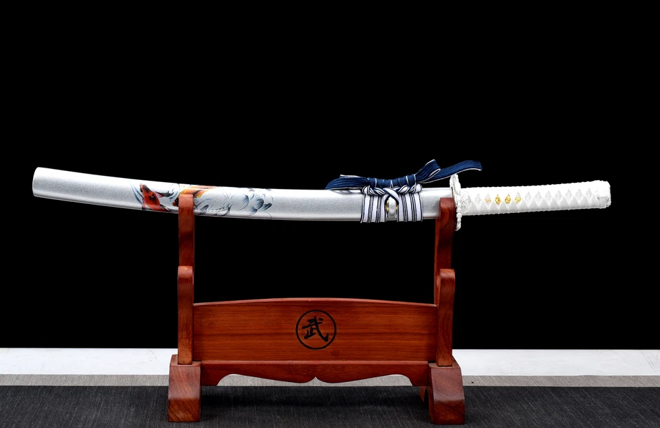 Espada afilada samurai japonesa hoja azul acero Wakizashi 1095 Koi/pez plateado 30"" Foto 2 de 4