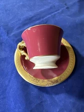 3x O.P. Co Syracuse Demitasse Cup and Saucer Set Vintage Gold Trim Reddish Body