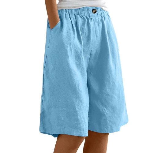 Pantalones cortos para mujer color liso bolsillo abotonado capris cintura elástica sueltos - Imagen 29 de 66