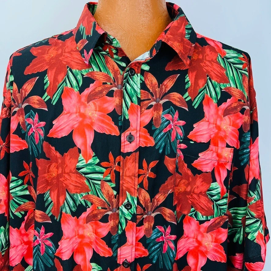 Mcedar Hawaiian Aloha 5 XL Shirt Hibiscus Iris Palm Leaves Red Floral Tropical