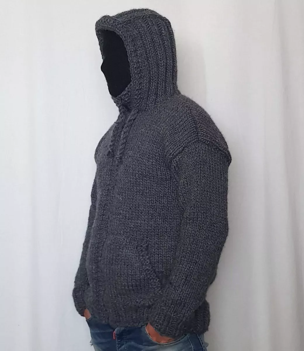 Hand knitted 100 WOOL mens hoodie sweater with turtleneck