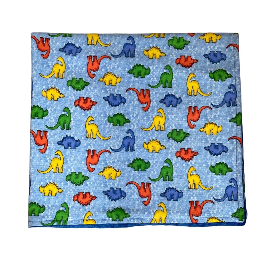Handmade Flannel Minky Baby Blanket Blue Multi Color Dinosaurs - Image 2 of 4