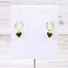 NWT Kendra Scott Ari Heart Black Drusy Huggie Earrings Gold Plated