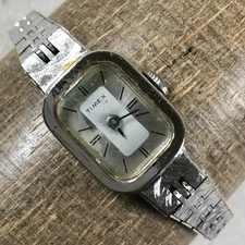 Vintage Timex Women Dress Silver Tone Rectangular Mechanical Wind 15mm Watch 6"