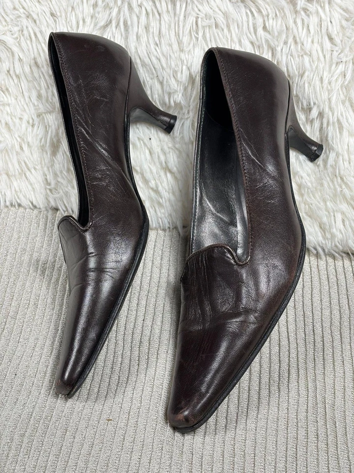 Zapatos de salón Bunan para mujer talla 8,5 cuero marrón sin cordones tacón de gatito hechos en Italia Foto 3 de 4