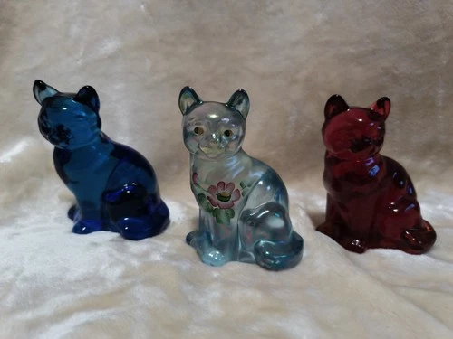 Lot of 3 Vintage Fenton Art Glass Cat Figurines Cobalt Ruby Opalescent HP Floral