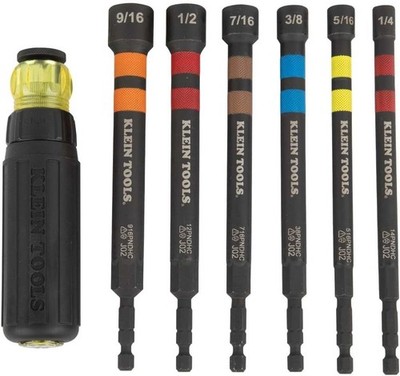 Impact Rated Hollow Nut Driver Set w/ Handle, Magnetic SAE Hex, Color Coded