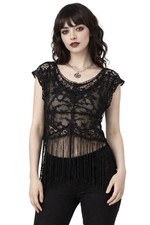Whimsigoth Black Lace Crochet Fringe Top S Sheer Boho Witchy Fairy Grunge Y2K