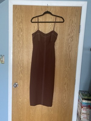 Zara chocolate brown midi dress with white contrast stitch detailing Size M