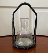Vintage Farmhouse Cottage Glass Wine Decanter Carafe Wicker Carrier Stand floral