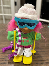 Vintage Russ Born To Ski Troll Doll 5 Pink Hair Poles Goggles Brn Eyes