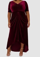 Adrianna Papell Womens Red Velvet V-Neck Draped A-Line Dress Plus Size 14W