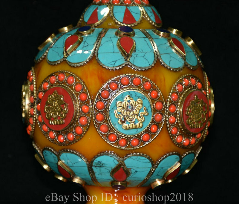 6.8"Old Tibet Silver Beeswax inlay turquoise Gem eight treasures Crock Pot Pair