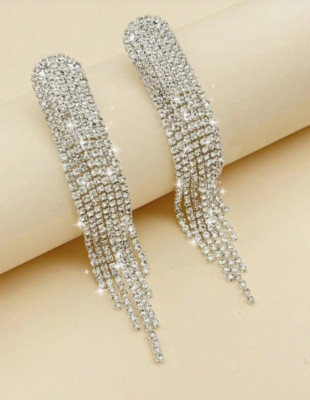 Long Rhinestone Tassel Earrings Silver Shiny Sparkly Wedding Bridal Pageant Prom