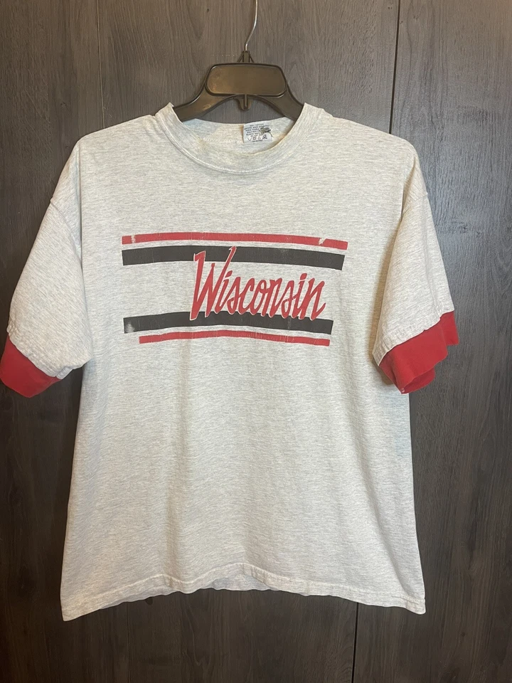 Vintage 20/20 Sport Wisconsin Ringer T-Shirt Adult XL Gray/Red Made In The USA - Image 2 of 4