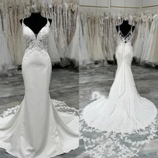 Mermaid Wedding Dresses V Neck Sweep Train Satin Elegant Sexy Lace Bridal Gowns