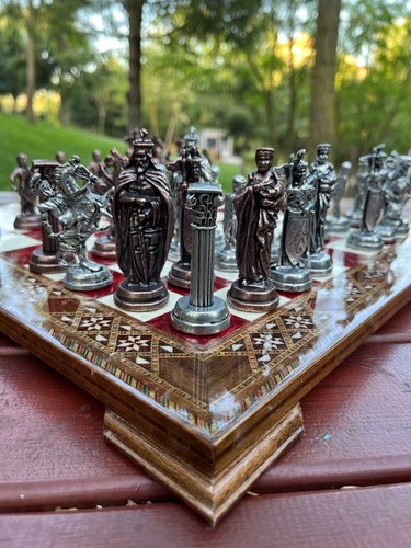Ancient Roman Antique Copper Chess Pieces & Solid Walnut Wooden Chessboard - Picture 7 of 8