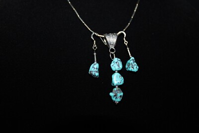 Turquoise silver embedded 3 stone pendant necklace, earrings