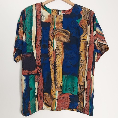 Vtg Caviar Colorful Print Silky Blouse - Picture 2 of 13
