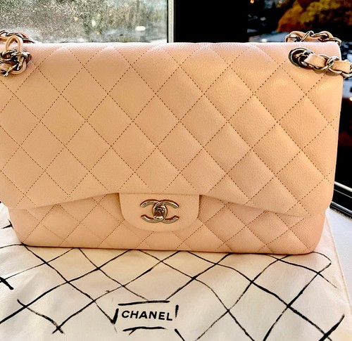 NWT Chanel Classic JUMBO PINK ROSE CLAIR Caviar Double Flap HandBag Silver HW - Picture 13 of 15