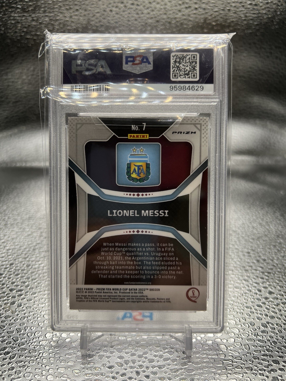 2022 Prizm FIFA World Cup Qatar Lionel Messi #7 Pink Prizm SP PSA 9 Winning Year view 2