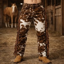 Men  s Cowhide Leather Fringe Pants Western Cowboy Biker Rodeo Ranch Tassel Slim