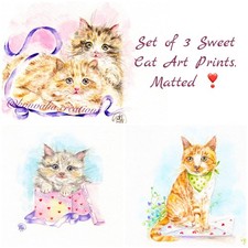 Cat Art Prints Set of 3 Vintage/Cottagecore Style 5x5   Cat Decor