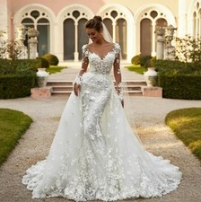 Luxury Mermaid Wedding Dresses Long Sleeves Detachable Train Lace Floral Gowns