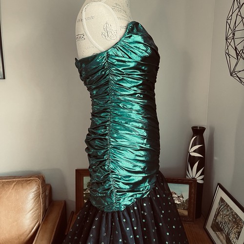 Vintage 80s Prom Green Metallic Mermaid Dress Polka Dot Tulle Ruched Retro Glam - Picture 8 of 19