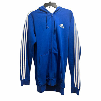 adidas Essentials Mens Blue Full Zip Fleece 3-Stripes Hoodie Pockets LT