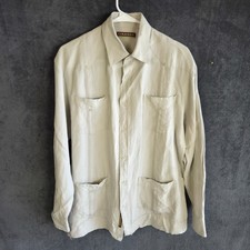 Cubavera Button Up Shirt Men L Beige Guayabera Long Sleeve